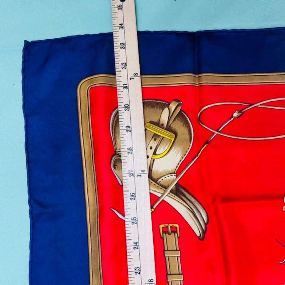 Unused-CELINE Paris 100% SilkScarf 34" x34" Red Blue Hourses Dogs Italy Made(59 - Picture 12 of 15